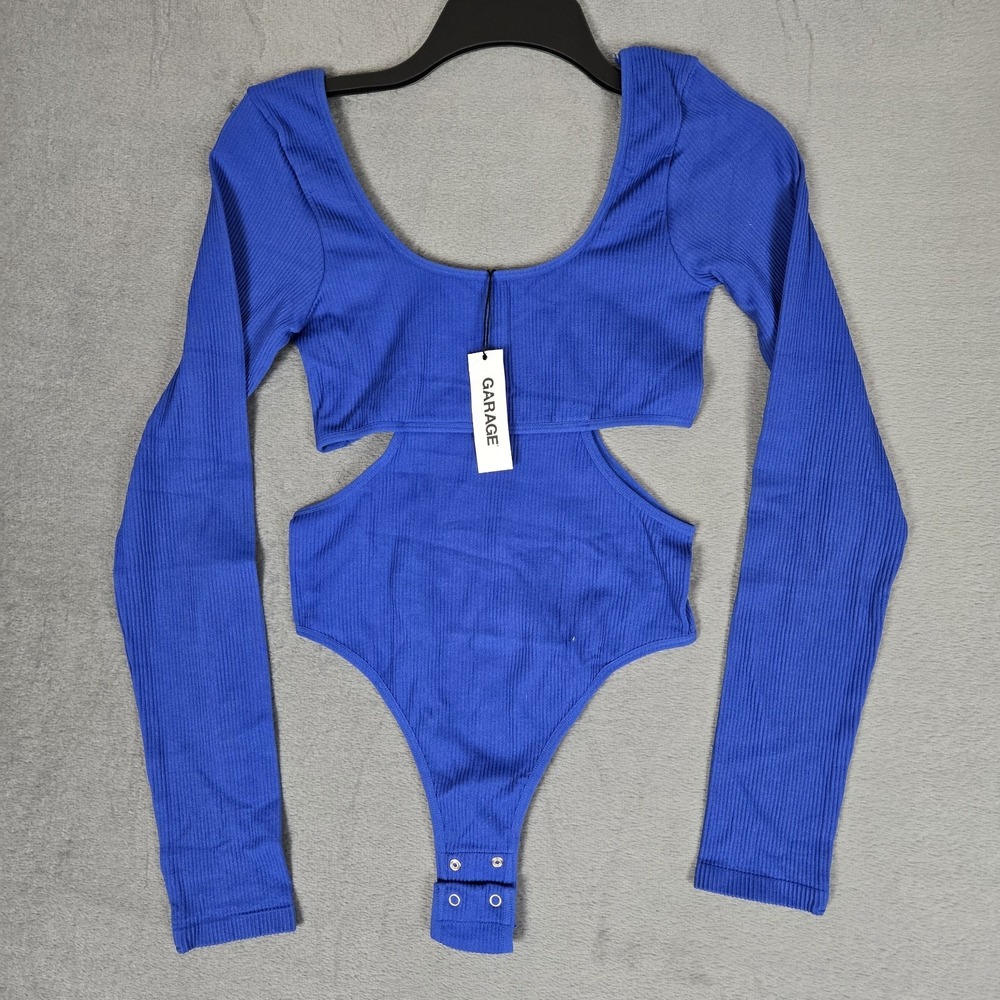 Garage Bodysuit Womens Medium Cutout Ribbed Long Sleeve Blue Bodysuit NWT